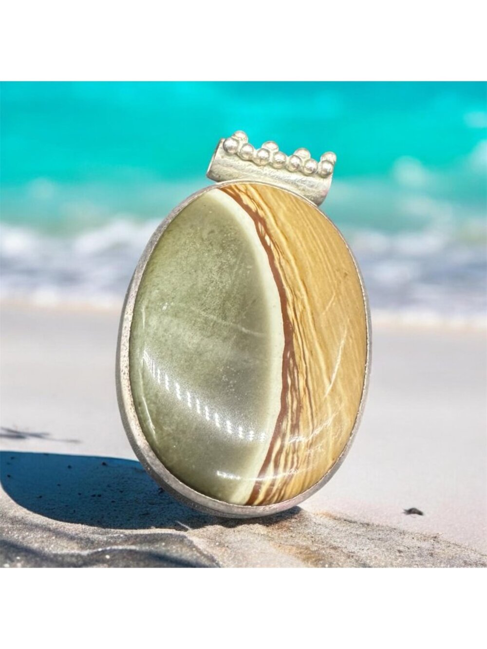 Large Landscape Jasper Pendant Owyhee Beach Ocean Nautical Silver Tone Metal